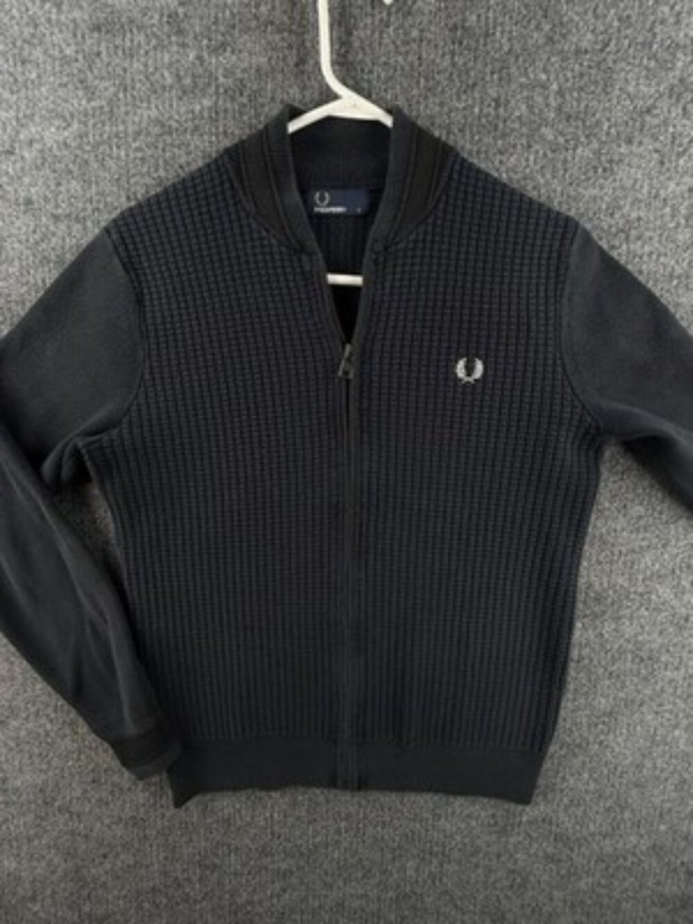 Fred Perry Waffle Knit Logo Small Long Sleeve Cotton Nylon Full Zip Black Solid